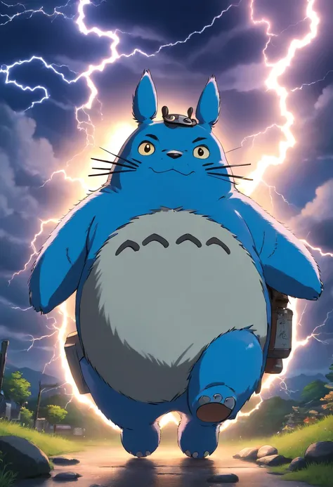 Realistic 3D rendering of Bluey fused totoro , Surrounded by lightning, Fat Muscular, Photographie du corps entier, Hyperrealistic