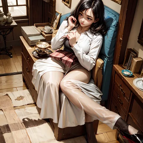 A woman appears from inside a chest of drawers and a woman drops a teacup next to her