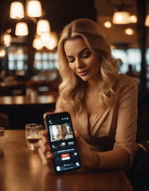 film representation, upper body, face, facing the viewer, (reality :1.3), one of the most beautiful creations in the world, blonde woman looking at a mobile phone, todays trendy clothes, beautiful face detailed, menu board and QR code on the table, restaur...