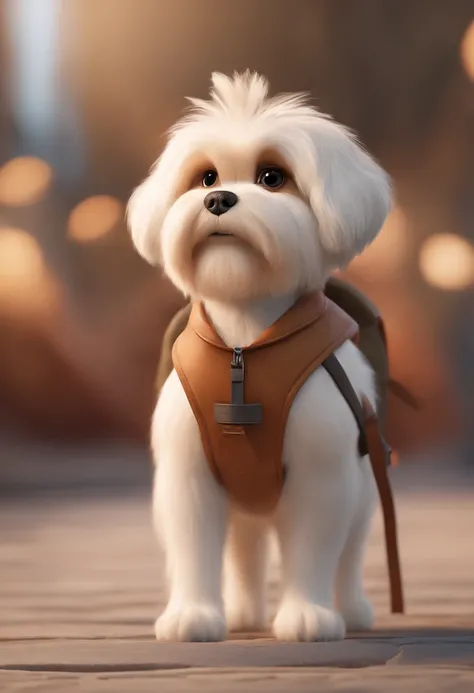 White and brown Lhasa Apso dog with backpack on its back, animation character, Caractere estilizado, animation style rendering, 3D estilizado, Arnold Maya render, 3 d render stylized, toon render keyshot, Personagem 3D, Personagem 3D, 3d rendering stylized...