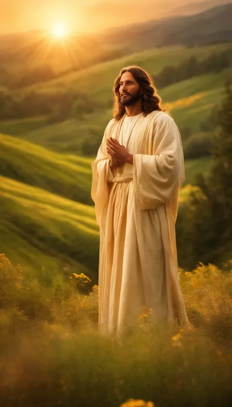 Jesus Christ in the Sermon on the Mount, (best quality, 8k, highres, masterpiece:1.2), ultra-detailed, realistic:1.37, biblical scene, oil painting, serene atmosphere, golden sunset, grandeur and divinity, graceful and gentle, multiple people listening int...