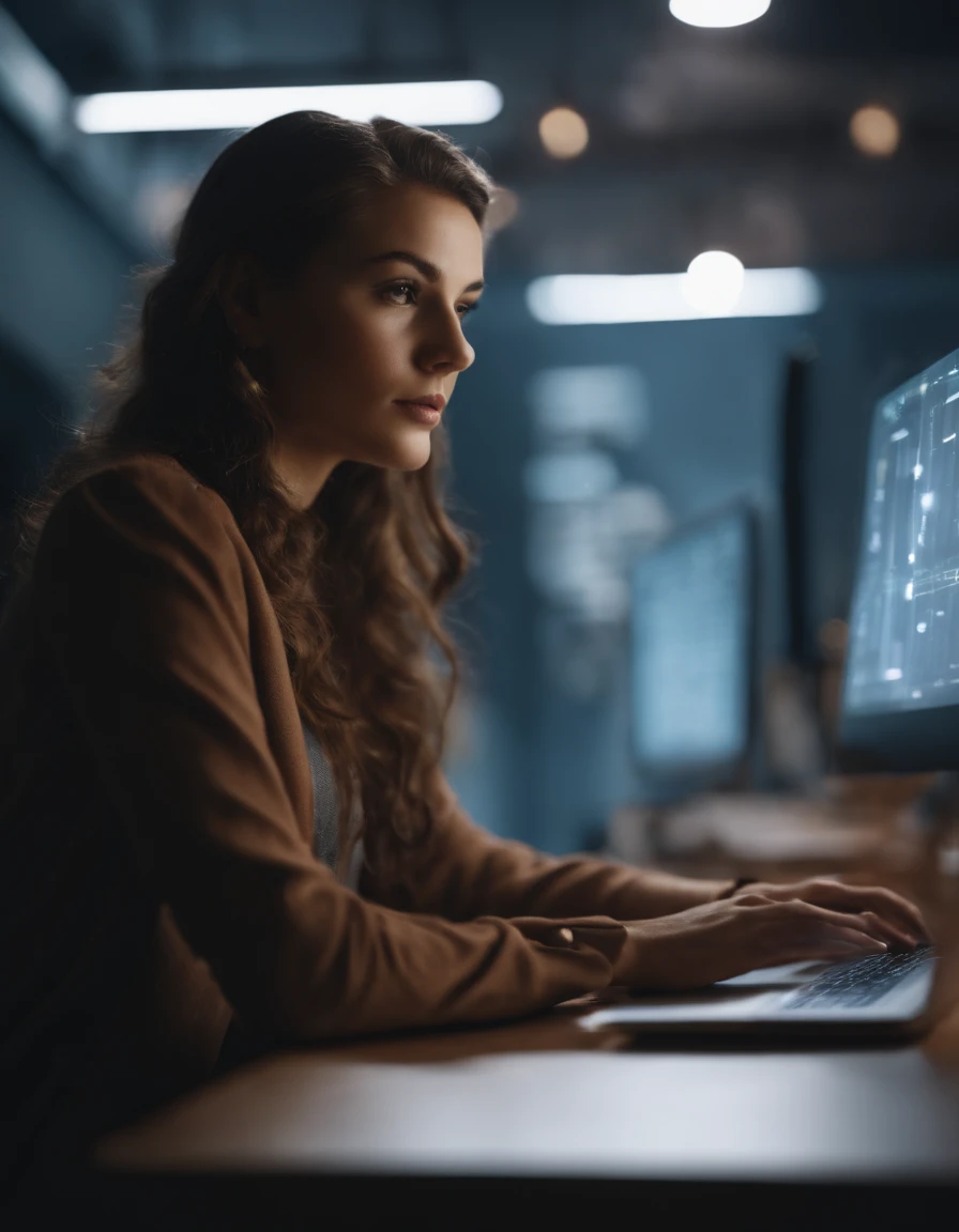 woman sitting at a table with a laptop and a book, sitting in front of a computer, in front of a computer, sitting in front of a computer, computers and holograms, creative coder with a computer, digital artist, hd image, cyber school girl, computer aesthe...