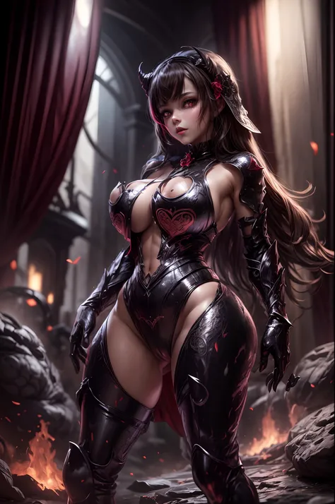 8K, ultradetailed, masterpiece, demon lolita woman, big brests, thin waist, evil enviroment, sexy cute dress, neutral expression, gothic enviroment