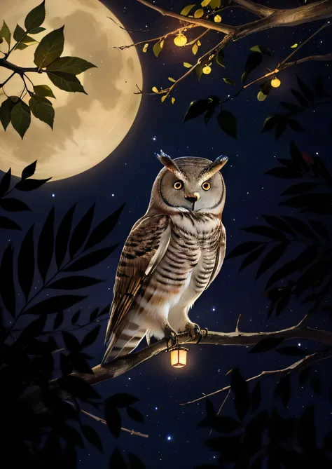 There is a photo of an owl sitting on a branch at night, glowing owl, Delicate owls，Lots of fireflies, Fireflies flying all over the sky，Ray trajectories，Dark blue night sky，delicate picture，Lots of detail