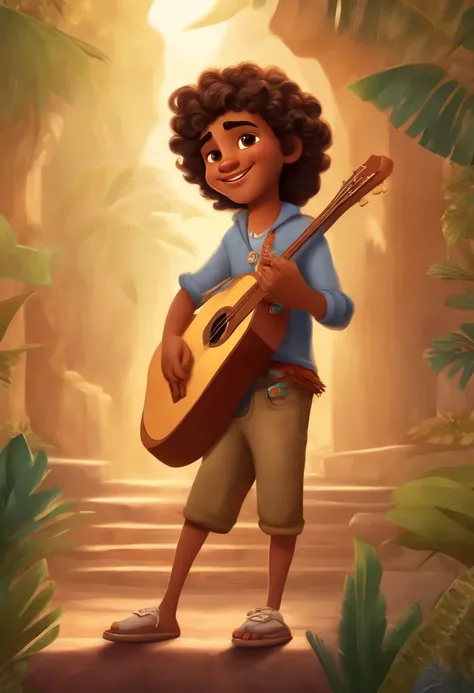 crie um banner no estilo Pixar. A boy with Indian features, moreno pardo com cabelos curtos, Castanhos escuros, Curly and slightly grayish appearance, mas jovem, usando uma camiseta, Wearing jeans and holding a classical guitar with 7 strings.