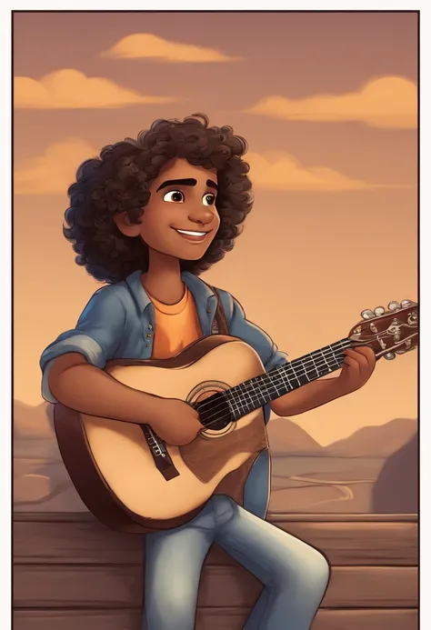 crie um banner no estilo Pixar. A boy with Indian features, moreno pardo com cabelos curtos, Castanhos escuros, Curly and slightly grayish appearance, mas jovem, usando uma camiseta, Wearing jeans and holding a classical guitar with 7 strings.