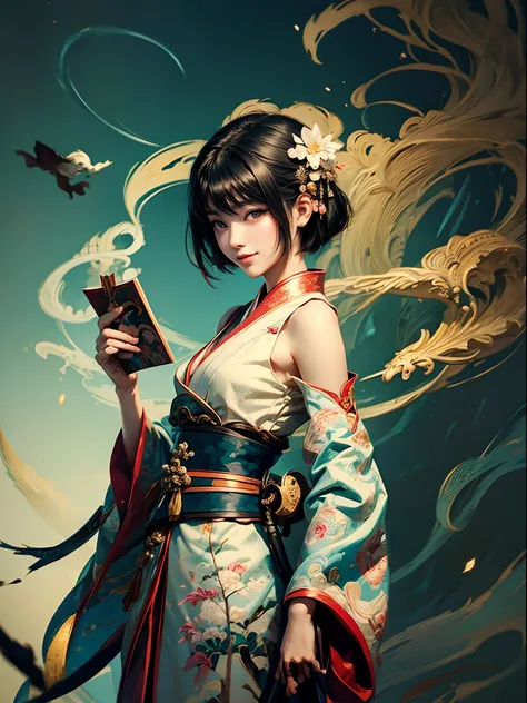 1 girl, with short hair shoulder length, smiling at camera while Holding a book,  Japanese art style, Guviz-style artwork, Beautiful character painting, A beautiful artwork illustration, Chinese painting style, Beautiful digital illustration, by Yang J, st...