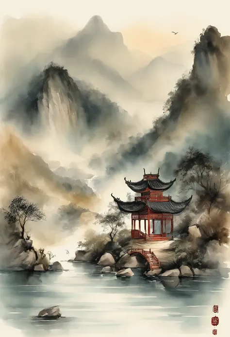 Chinese landscape painting，ink and watercolor painting，water ink，ink，Smudge，Faraway view，Ultra-wide viewing angle，Meticulous，Light boat in the distance，Faraway view，Meticulous，Smudge，low-saturation，Low contrast，The light boat has crossed the Ten Thousand H...