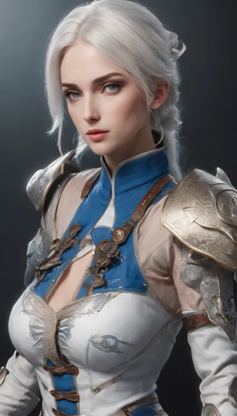 Cirilla Fiona Elen Riannon，Highest image quality，Outstanding details，超高分辨率，（Fidelity：1.4）, Favor the details，closeup cleavage，Ride a dragon，High-tech dragon knight mech，He has a delicate and beautiful face，（（Blue-white flying semi-mechanical fuselage：1.8））...