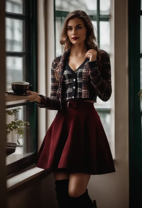 dentro, retrato, a 25-year-old woman holding a cup of coffee, Cardigan de malha cropped preto, bras:1, Dark red narrow skirt with black plaid pattern, Black knee-length suede boots, next to an office window