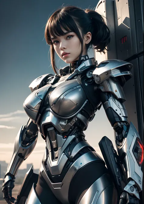 Textured skin, Super Detail, high details, High quality, Best Quality, hight resolution, 1080p, hard disk, Beautiful,(Terminator),beautiful cyborg woman,Mecha Cyborg Girl,Battle Mode,Girl with a Mecha Body,She wears a battle cyborg mech with a weapon,Fulll...