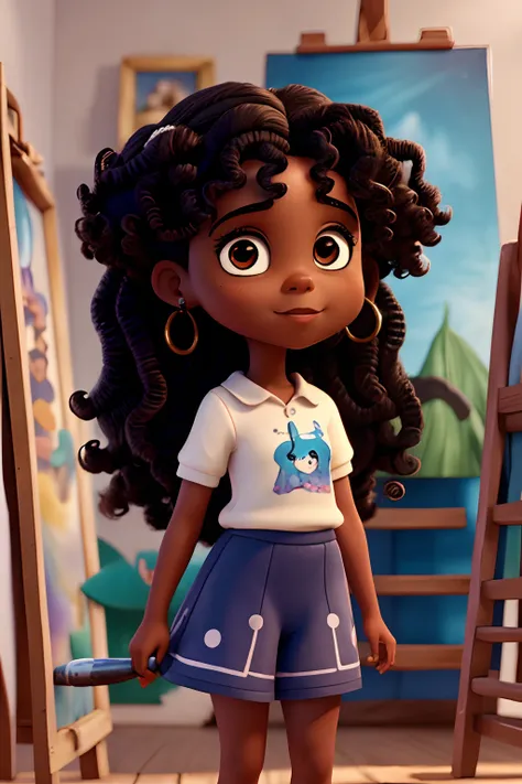 Capa de filme estilo Disney, uma menina preta com olhos castanhos, Dark skin and curly hair working painting pictures and an art studio in the background