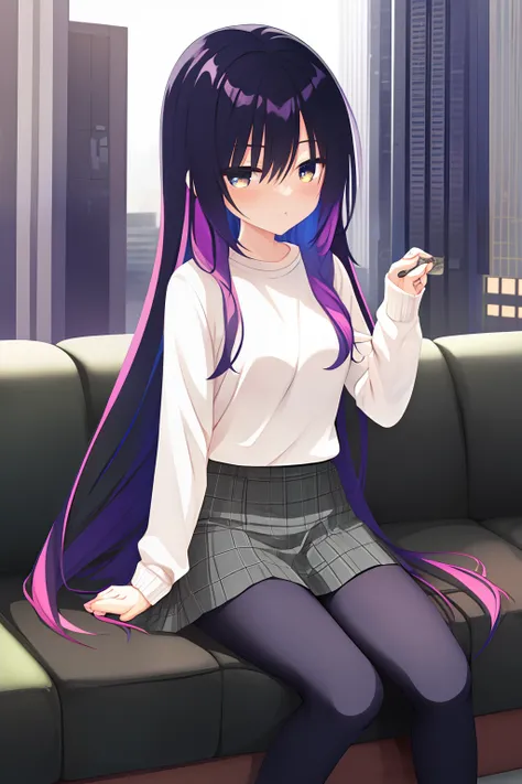 Long hair of random color，Random color eyes，Random casual clothes，Random color skirt，Random color stockings，sitting in the couch，urban backdrop，janelas，