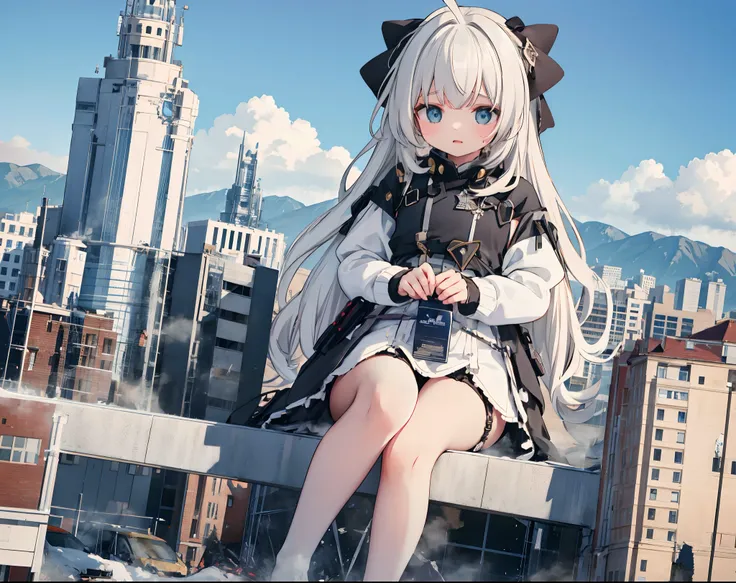 1girll,，Clouds， view over city， mountain ranges， Masterpiece, Best quality, Highly detailed,Masterpiece,Best quality,offcial art,Extremely detailed Cg Unity 8K wallpaper，{{{Giantess}}}，Giant，1girll，{Black stockings}，modern miniature city，A cold expression，...