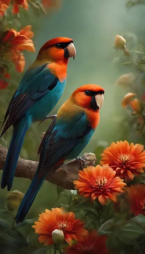 Beautiful birds standing on flowers，Talking with a mouth in his lap