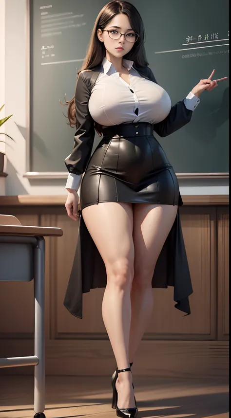 Full body wide-angle shooting, (Digital painting: 1.4), Beautiful female teacher,extremely hyper, Strong sexy body， Glasses, Big breasts, Extra-large big breasts，White shirt, Open button, Long tight black skirt, Extra long thick legs，humongous large breast...