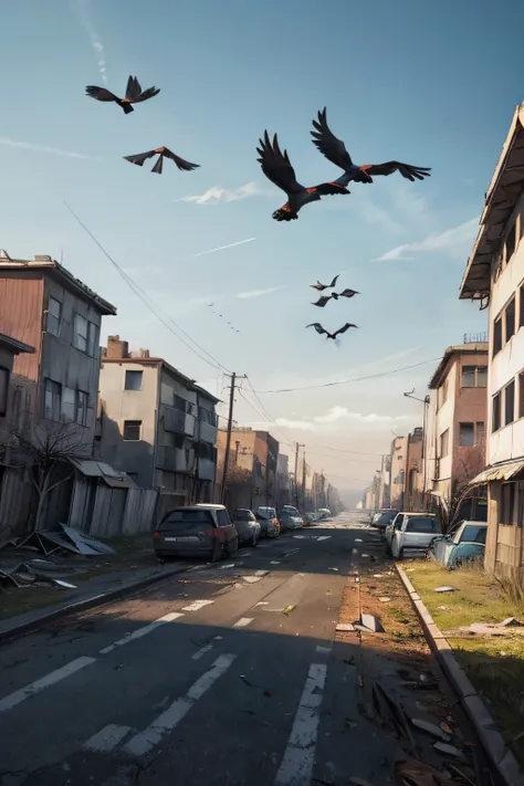 Modern big city，Faraway view，Abandoned cars，Abandoned houses，A flock of crows in the sky，A zombie in the distance，The crowd ran in panic