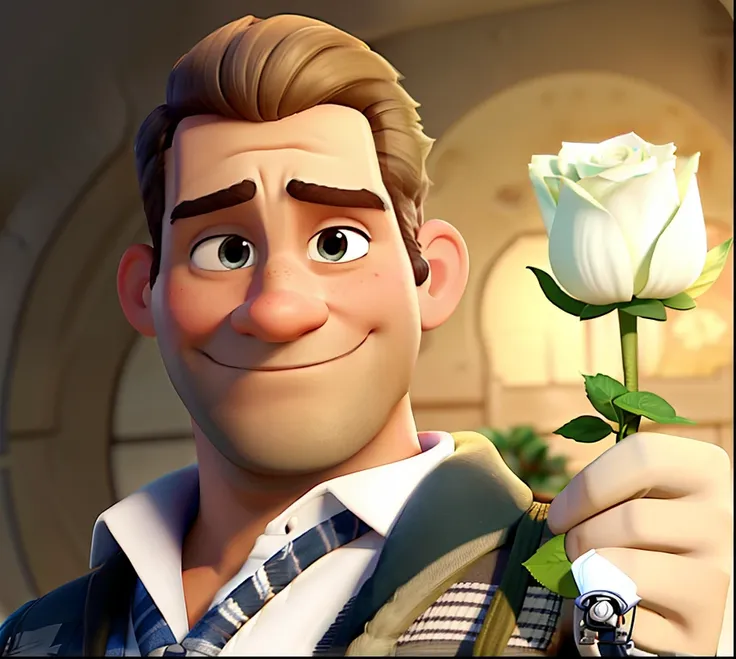 Homem estilo disney pixar, branco, loiro, graves, olhar sexy, Holding a white rose with her left hand. Fundo amarelado. Alta qualidade.