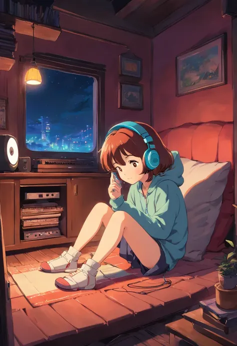 Girl listening to music in a cozy room at night, Use headphones, 2D style anime, lo fi, hard disk, Dark medium