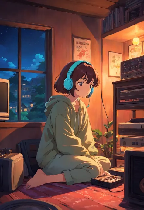 Girl listening to music in a cozy room at night, Use headphones, 2D style anime, lo fi, hard disk, Dark medium