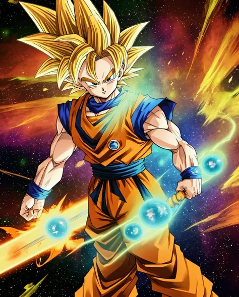 Dragon Ball Goku stands in the center of the universe，The hair is Super Saiyan yellow，