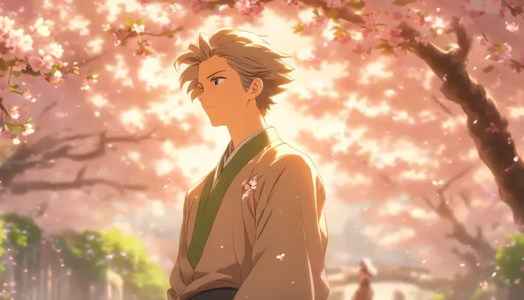 In this serene anime still-frame, a tranquil school courtyard is adorned with a breathtaking cherry blossom tree in full bloom, its delicate pink petals gently falling to the ground. The focal point is a teenage boy with striking white hair, his vibrant gr...