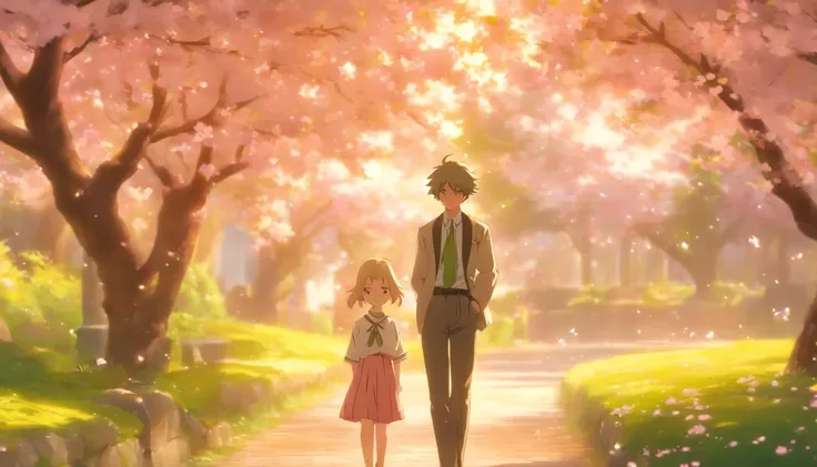 In this serene anime still-frame, a tranquil school courtyard is adorned with a breathtaking cherry blossom tree in full bloom, its delicate pink petals gently falling to the ground. The focal point is a teenage boy with striking white hair, his vibrant gr...