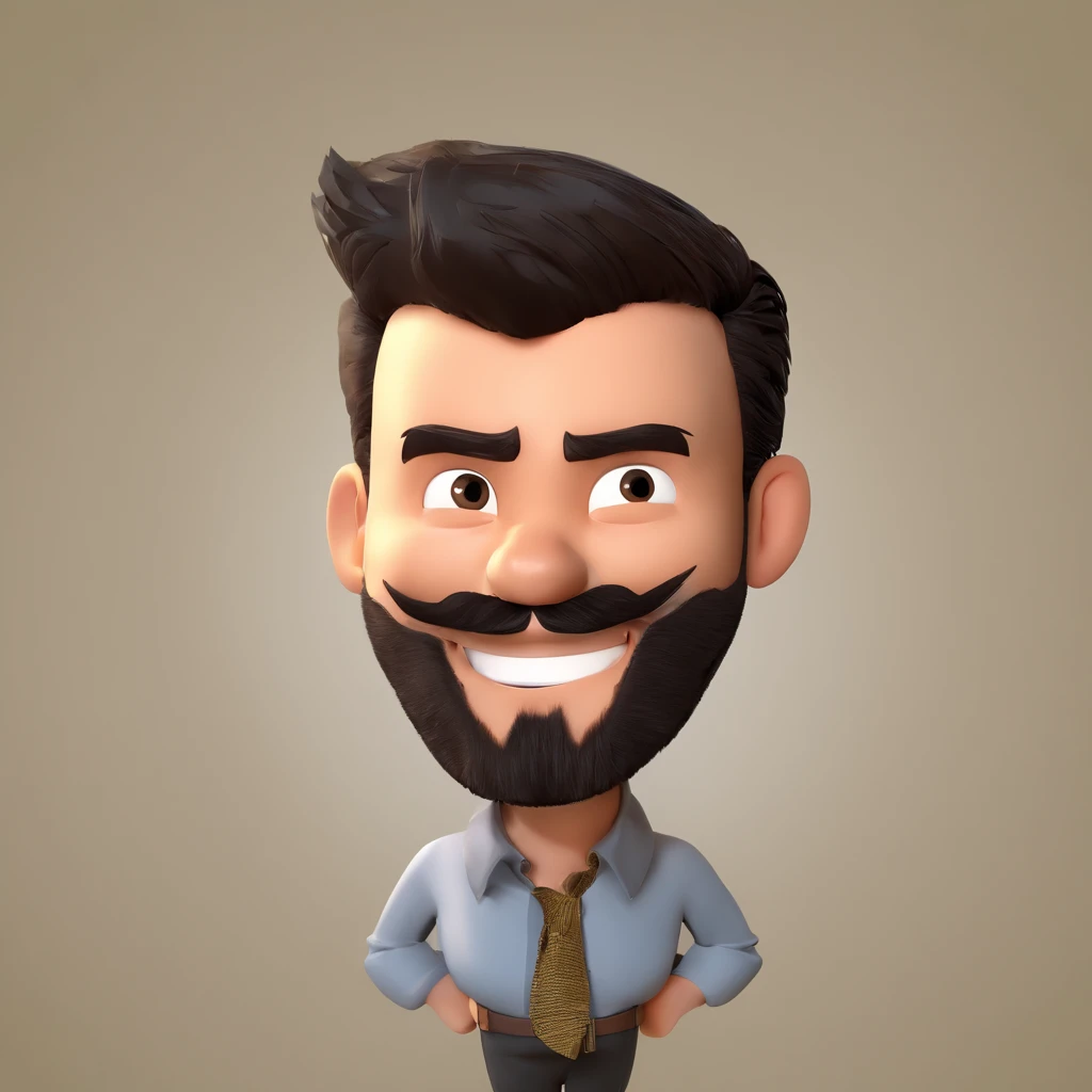 Criar um personagem no estilo Pixar. Trata-se de um homem de 30 anos, com barba, Branco, com cabelos castanhos curtos e um quiff, e olhos castanhos. Ele deve estar na frente de um computador, Trabalhar como designer