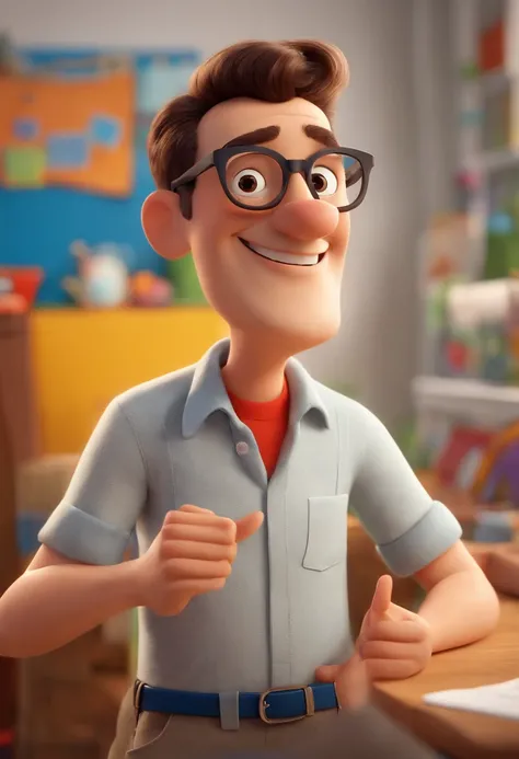 Image of a teacher for YouTube video in Pixar format, ela tem cabelos castanhos, de tamanho no ombro, wears glasses, is white,  He is cheerful and likes colorful clothes.