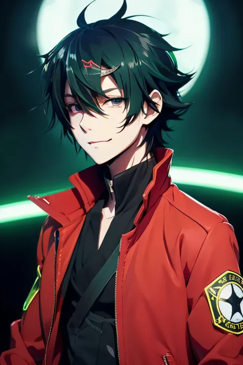 Anime character of a boy wearing red jacket on a black stylish attire, light green midium hair, bangs, black drooping eyes, Sexy smile with close mouth, Beautiful anime character design, Anime vision of an androgynous boy, highly detailed character design,...