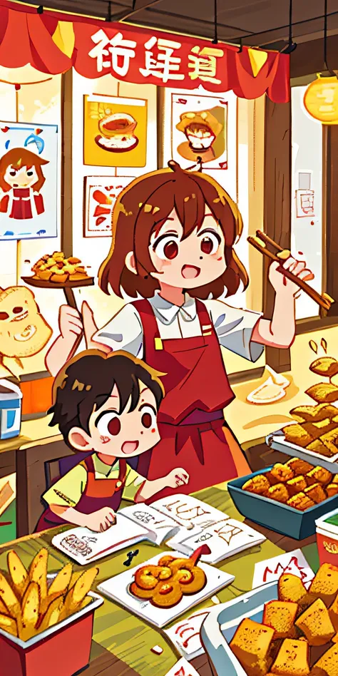 Background color：Adopt bright、Lively color，Such as red，Highlight the atmosphere of gourmet tapas

The name of the snack shop：Use large fonts、Exaggerated glyphs，Highlight the name of the snack bar，Such as "sweet fried shop" and so on。




The active element...