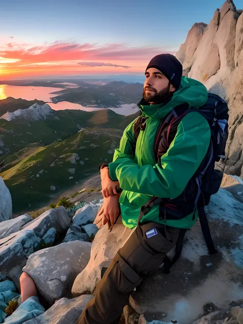 Theres a man sitting on a rock with a backpack, foto do perfil, Belas vistas, no topo de uma montanha, olhando parcialmente para a esquerda, no topo de uma montanha, View from the top, com montanhas ao fundo, imagem de perfil, com montanhas no fundo, Posta...