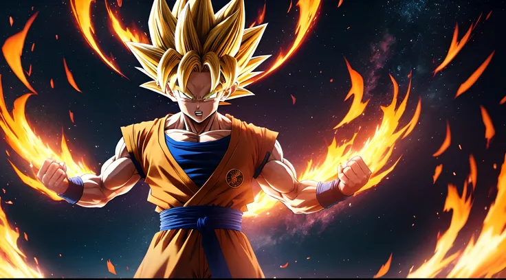 Dragon Ball Goku stands in the center of the universe, The hair is Super Saiyan yellow, first-person view, Ultra-Wide Angle, UHD, super detail, high details, high quality, highres --auto