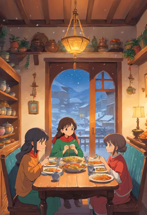 heartwarming algerian dinning room scene where the young Algerian girl, her mother, and father share a delightful meal while it snows outside