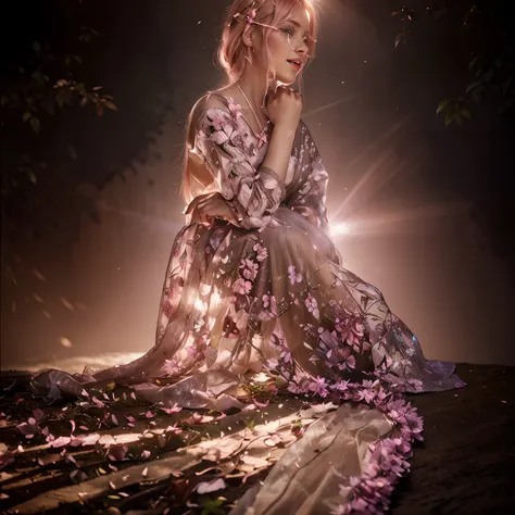 Lifelike woman looking up to the sky (forest background), 3D facial features, pink blonde hair, fairy figure, petals fluttering, petals falling on her body, ultra detailed painting, glow, bar lighting, intricate 4k resolution concept art portrait, creature...