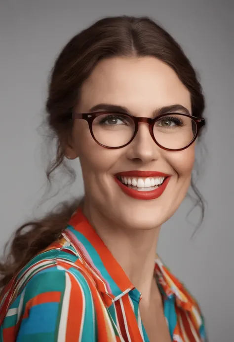 Image of a white teacher for YouTube video in Pixar format, ela tem cabelos castanho e liso de tamanho no ombro, wears glasses, Shes white Shes cheerful and likes colorful clothes.