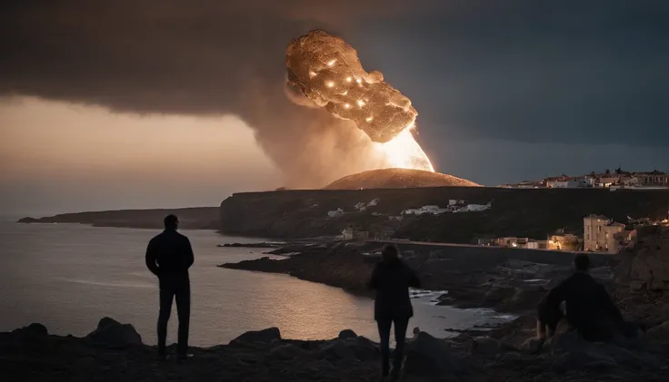 A colossal meteorite hurtling towards Earth, fiery tail trailing behind, the surface covered in craters and jagged rocks, looming ominously over a coastal city, capturing the panic and awe of onlookers, Photography, using a high-speed telephoto lens (e.g.,...