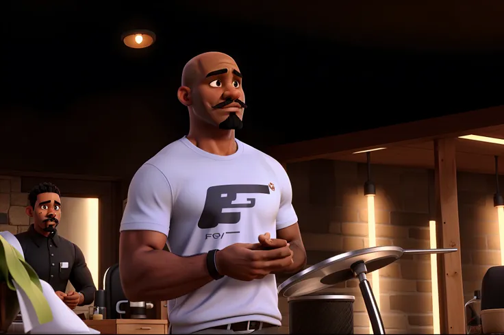 Bald black man with mustache and goatee, strong looking forward