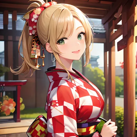 {{{{{masterpiece, best quality, ultra detailed}}}}}, 1 woman, happy laugh, beautiful ponytail hair style, beautiful face, beautiful large green eyes, have a colorful bouquet, beautiful shrine with autumn leaves background, (Checkered pattern kimono:1.5)