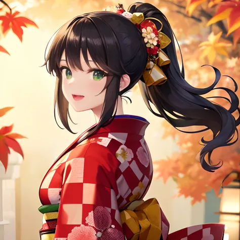 {{{{{masterpiece, best quality, ultra detailed}}}}}, 1 woman, happy laugh, beautiful ponytail hair style, beautiful face, beautiful large green eyes, have a colorful bouquet, beautiful shrine with autumn leaves background, (Checkered pattern kimono:1.5)