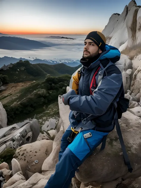 Theres a man sitting on a rock with a backpack, foto do perfil, Belas vistas, no topo de uma montanha, no topo de uma montanha, olhando parcialmente para a esquerda, View from the top, imagem de perfil, com montanhas ao fundo, com montanhas no fundo, Posta...