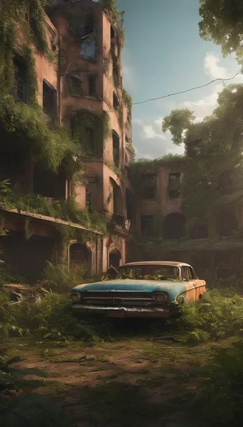 cg render， Cidade abandonada ，post apocalyptic world， Abandoned cars ，Vegetation next to the building， Destroyed buildings， The plane crashed，Broken robots