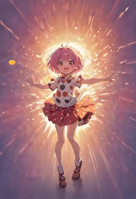 Anime-style illustration of a little girl playfully lifting her skirt, revealing her polka dot panties. The illustration features a bright and colorful palette with soft brush strokes and a hint of light and shadow to add depth. The perspective is from a l...