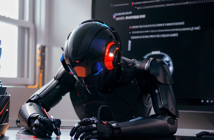 (best quality,4k,ultra-detailed,realistic:1.37),busy humanoid robot coding,mechanical arms typing lines of code,meticulous details,technological environment,glowing blue lights,stylish futuristic design,professional rendering,high-tech atmosphere,creative ...