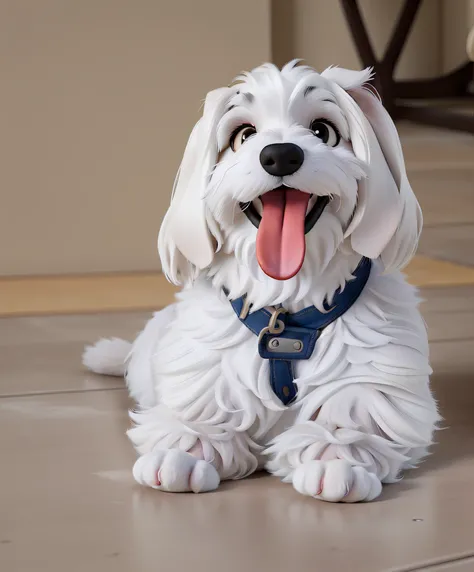 A white Maltese style Maltese style dog with medium-sized fur lying on the ground, alta qualidade, melhor qualidade