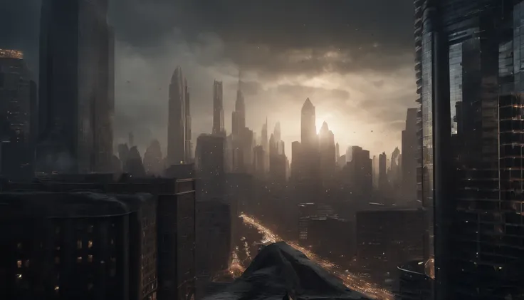 A monumental meteorite hurtling through a city skyline, skyscrapers bending and crumbling in its path, a surreal, apocalyptic scene with a dark, otherworldly atmosphere, 3D rendering, using ray tracing and volumetric effects to create a hyper-realistic, sc...