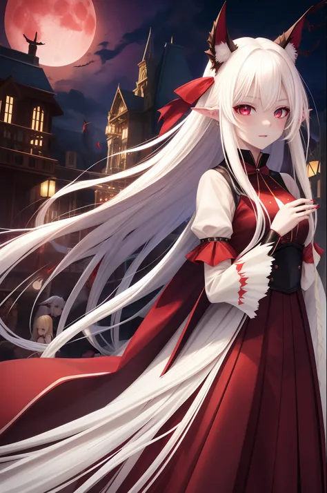 Bat girl, white hair, red eyes, dress, red moon
Blonde Long Beast Ears, White hair, Long hair, Blue eyes, Red Moon、natta、Fantastical、