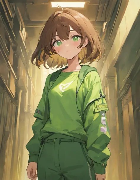 Androgynous person with brown hair and green eyes and glasses in casual green outfit with baggy pants