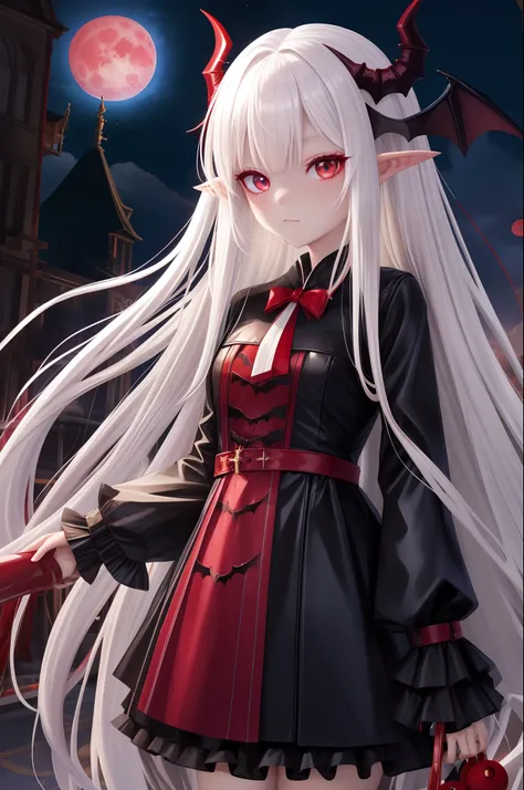 Bat girl, white hair, red eyes, dress, red moon
Blonde Long Beast Ears, White hair, Long hair, Blue eyes, Red Moon、natta、Fantastical、