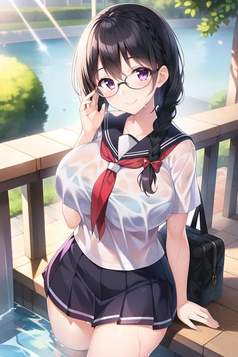 (1girl), (black hair:1.1), (braid:1.1), (glasses), (purple eyes), (smile), (large breast), (intricate iris details), (outdoor), ...